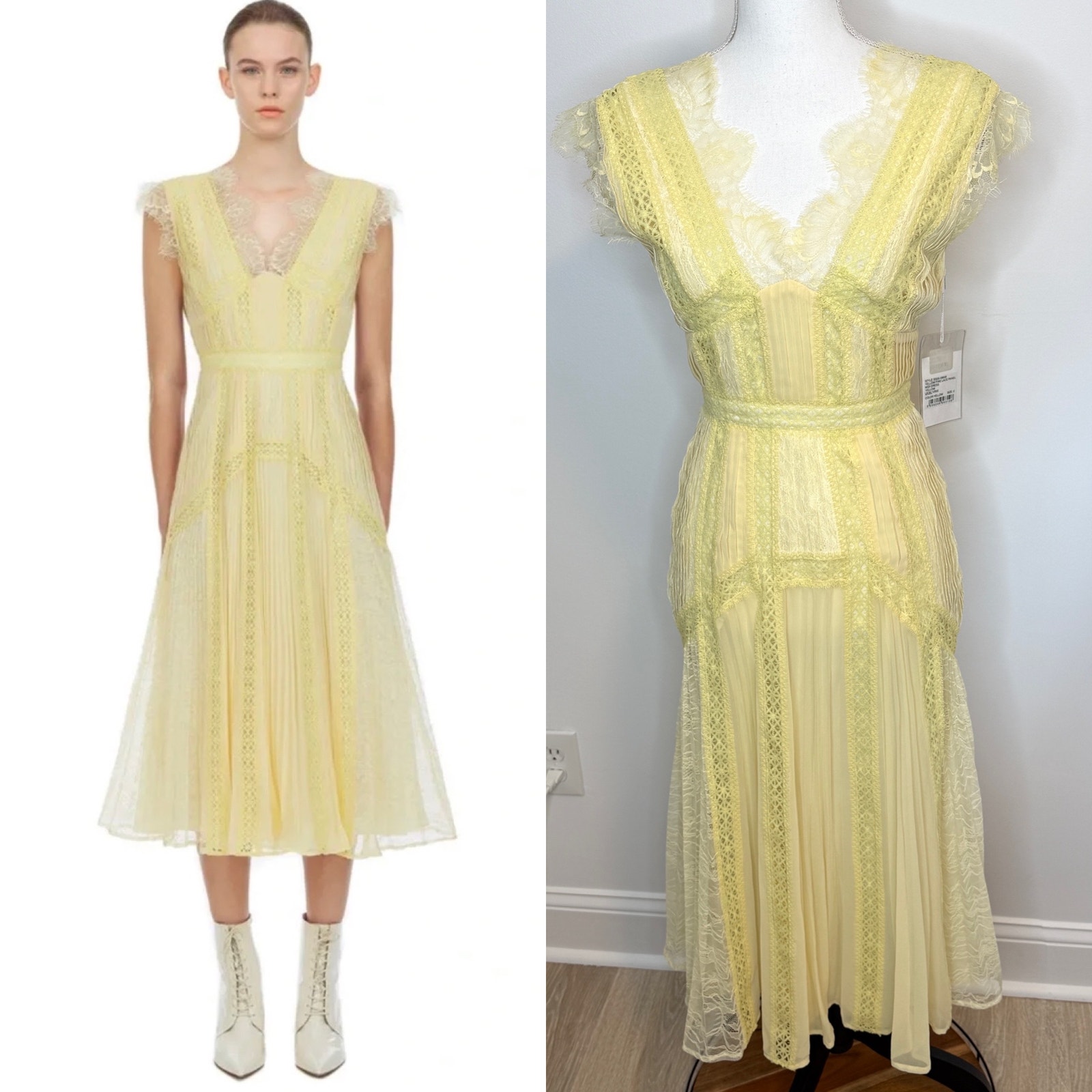 Self-Portrait Fine Lace Panel Midi Dress Pleated Fairy Wedding Yellow Size 2 New